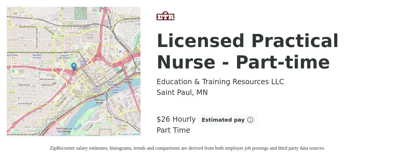 Education & Training Resources LLC job posting for a Licensed Practical Nurse - Part-time in Saint Paul, MN with a salary of $27 Hourly with a map of Saint Paul location.