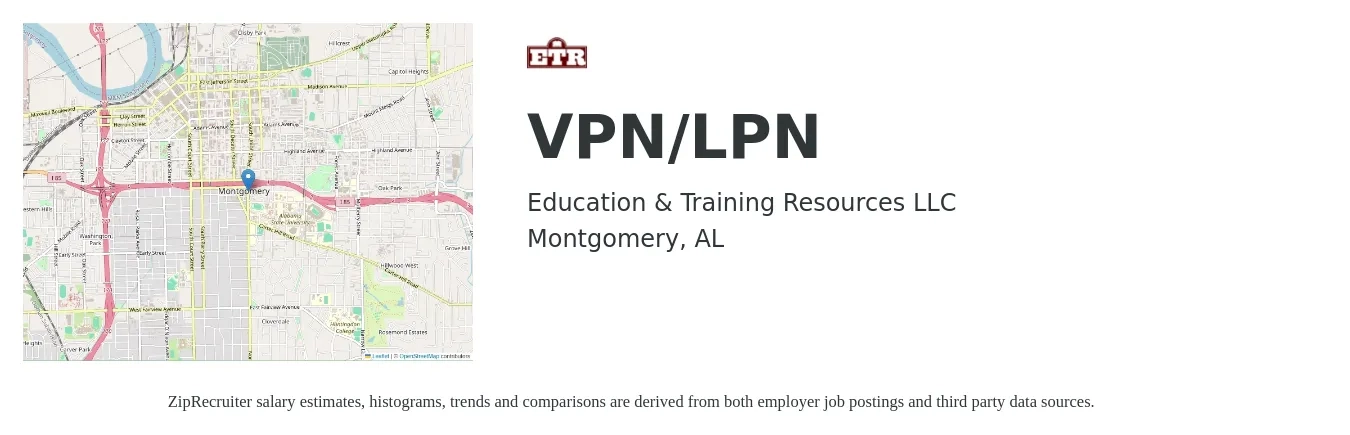 Education & Training Resources LLC job posting for a VPN/LPN in Montgomery, AL with a salary of $26 to $34 Hourly with a map of Montgomery location.