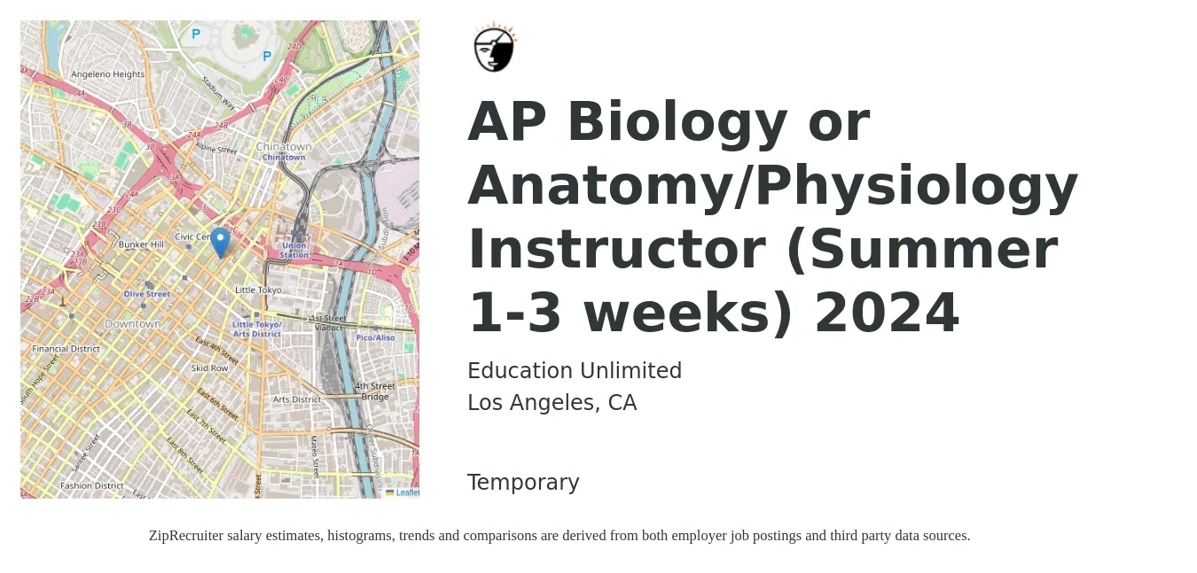 Education Unlimited job posting for a AP Biology or Anatomy/Physiology Instructor (Summer 1-3 weeks) 2024 in Los Angeles, CA with a salary of $1,000 to $1,500 Weekly with a map of Los Angeles location.