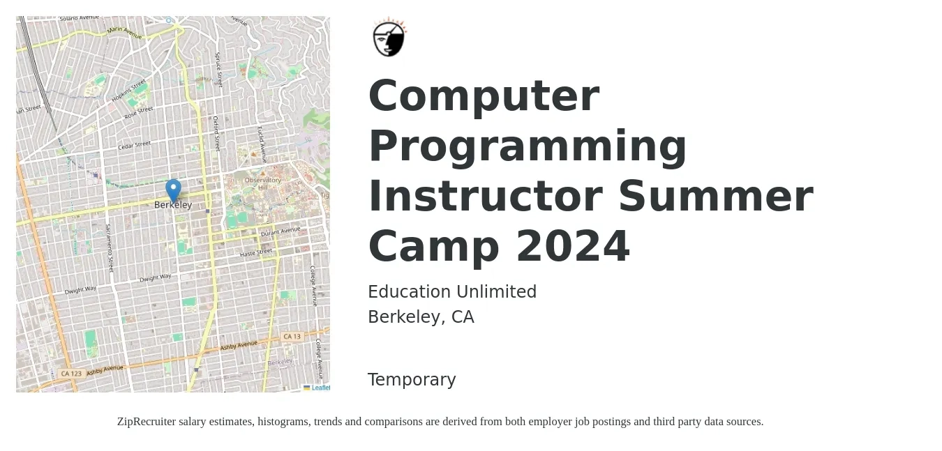 Education Unlimited job posting for a Computer Programming Instructor Summer Camp 2024 in Berkeley, CA with a salary of $1,000 to $1,500 Weekly with a map of Berkeley location.