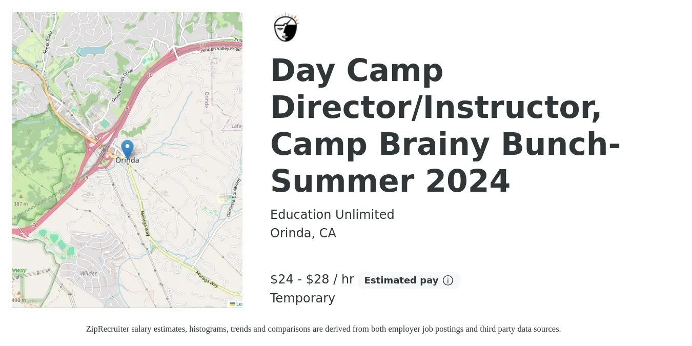 Education Unlimited job posting for a Day Camp Director/Instructor, Camp Brainy Bunch- Summer 2024 in Orinda, CA with a salary of $25 to $30 Hourly with a map of Orinda location.