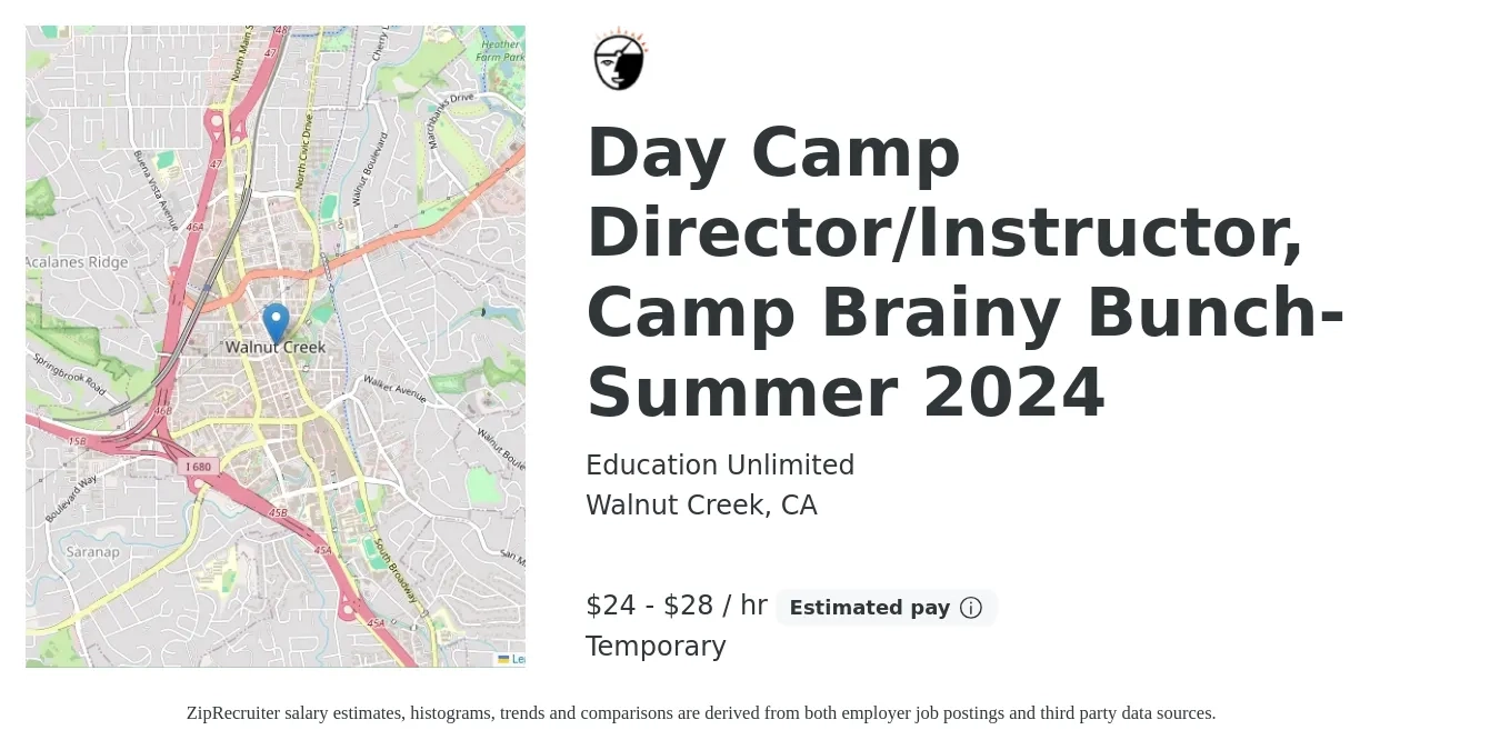 Education Unlimited job posting for a Day Camp Director/Instructor, Camp Brainy Bunch- Summer 2024 in Walnut Creek, CA with a salary of $25 to $30 Hourly with a map of Walnut Creek location.