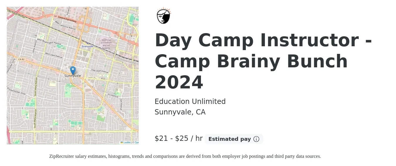 Education Unlimited job posting for a Day Camp Instructor - Camp Brainy Bunch 2024 in Sunnyvale, CA with a salary of $22 to $26 Hourly with a map of Sunnyvale location.
