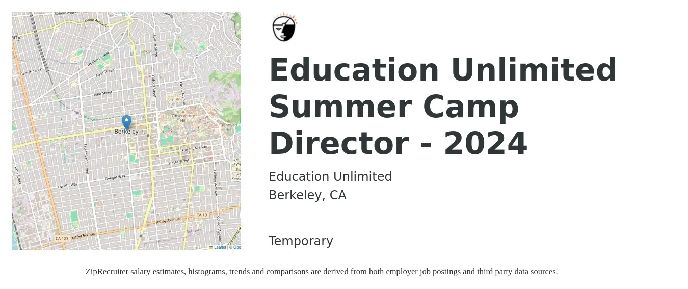Education Unlimited job posting for a Education Unlimited Summer Camp Director - 2024 in Berkeley, CA with a salary of $1,000 to $1,500 Weekly with a map of Berkeley location.