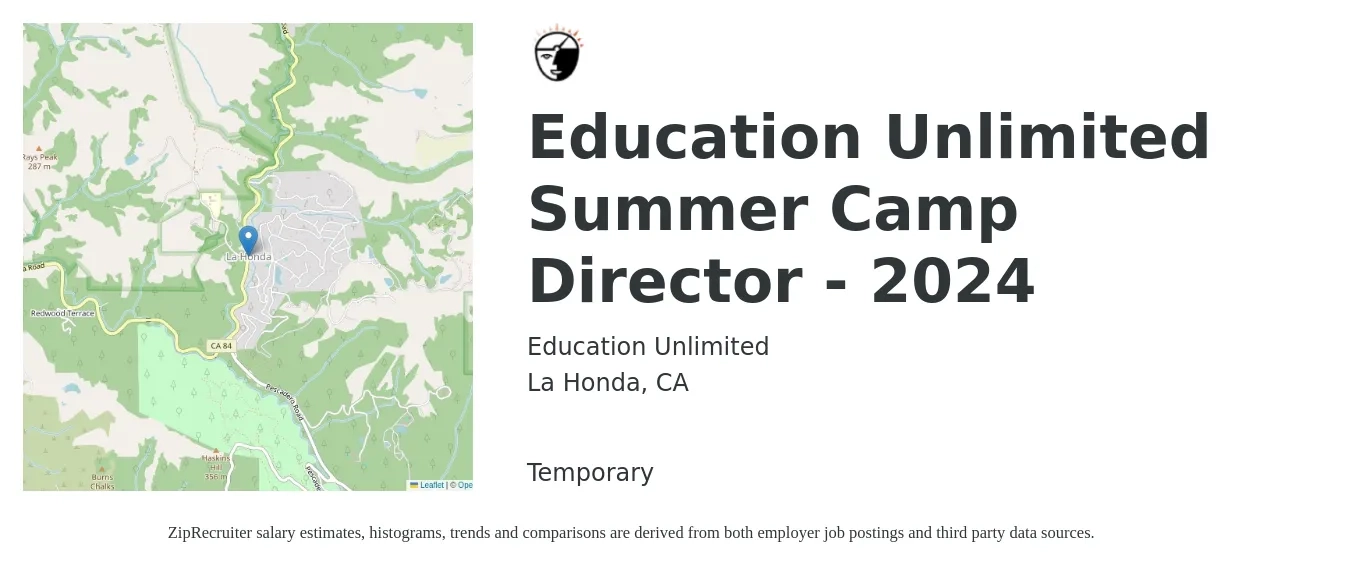Education Unlimited job posting for a Education Unlimited Summer Camp Director - 2024 in La Honda, CA with a salary of $1,500 to $2,500 Weekly with a map of La Honda location.