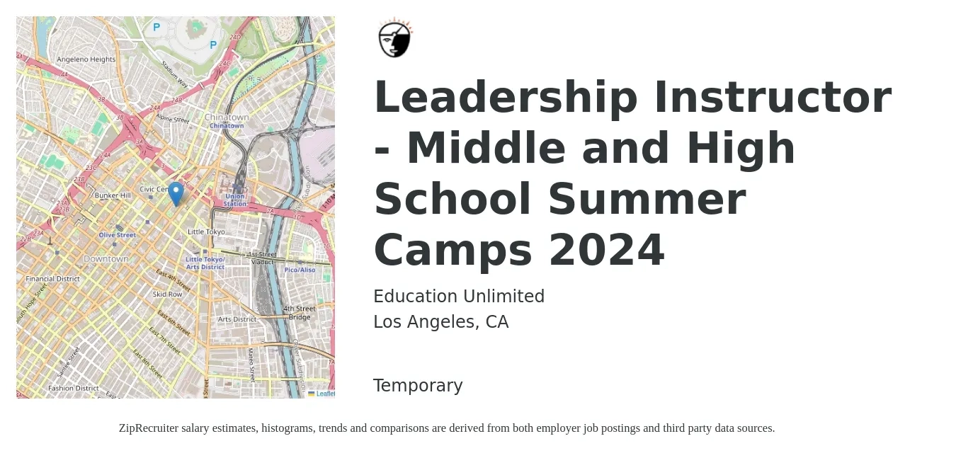 Education Unlimited job posting for a Leadership Instructor - Middle and High School Summer Camps 2024 in Los Angeles, CA with a salary of $1,000 to $1,500 Weekly with a map of Los Angeles location.