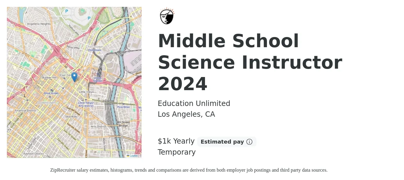 Education Unlimited job posting for a Middle School Science Instructor 2024 in Los Angeles, CA with a salary of $1,000 to $1,500 Yearly with a map of Los Angeles location.