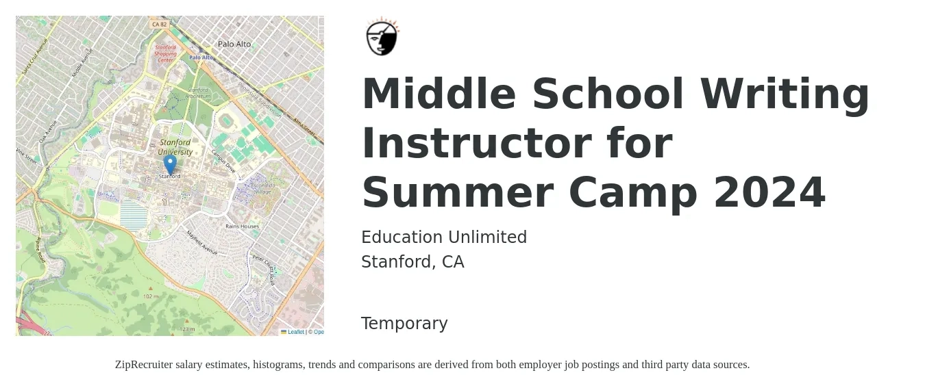 Education Unlimited job posting for a Middle School Writing Instructor for Summer Camp 2024 in Stanford, CA with a salary of $1,000 to $1,500 Weekly with a map of Stanford location.