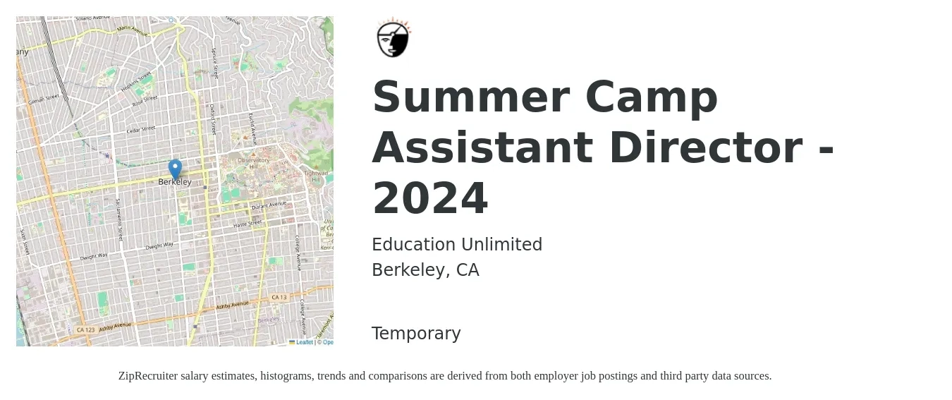 Education Unlimited job posting for a Summer Camp Assistant Director - 2024 in Berkeley, CA with a salary of $1,000 to $1,500 Weekly with a map of Berkeley location.