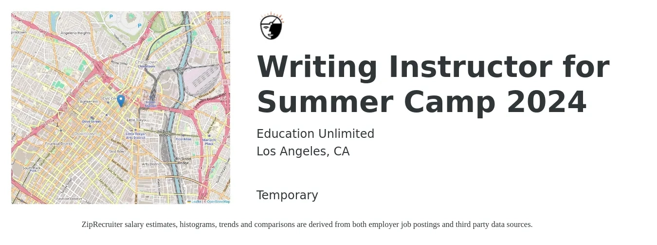 Education Unlimited job posting for a Writing Instructor for Summer Camp 2024 in Los Angeles, CA with a salary of $15 to $20 Hourly with a map of Los Angeles location.