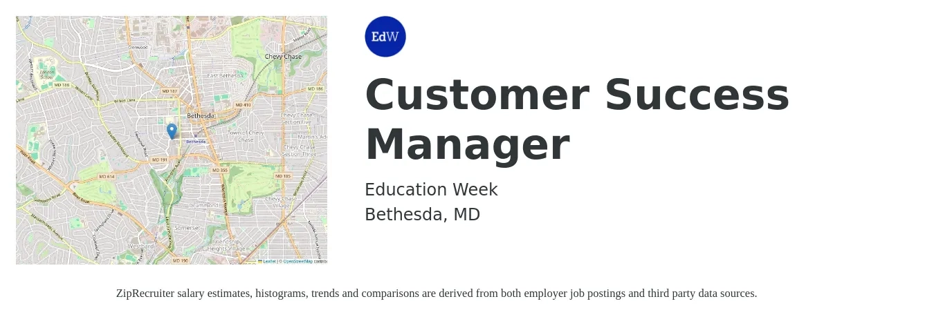 Education Week job posting for a Customer Success Manager in Bethesda, MD with a salary of $63,500 to $105,700 Yearly with a map of Bethesda location.
