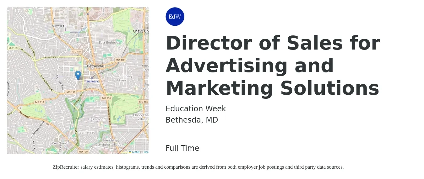 Education Week job posting for a Director of Sales for Advertising and Marketing Solutions in Bethesda, MD with a salary of $67,800 to $122,200 Yearly with a map of Bethesda location.