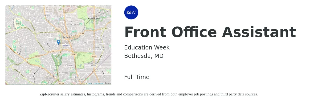 Education Week job posting for a Front Office Assistant in Bethesda, MD with a salary of $17 to $22 Hourly with a map of Bethesda location.
