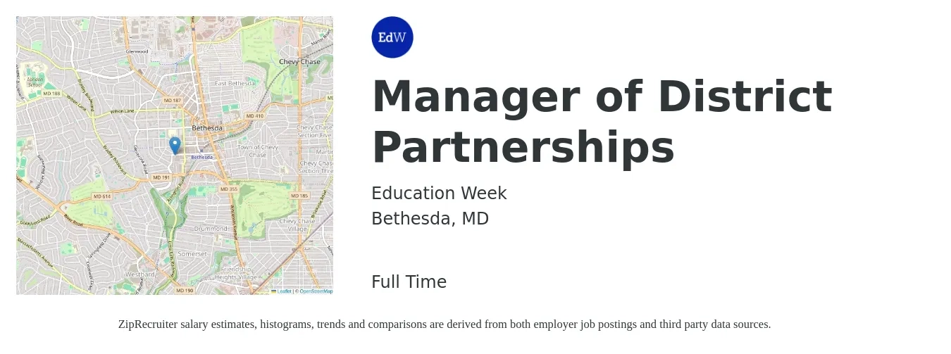 Education Week job posting for a Manager of District Partnerships in Bethesda, MD with a salary of $70,400 to $107,800 Yearly with a map of Bethesda location.