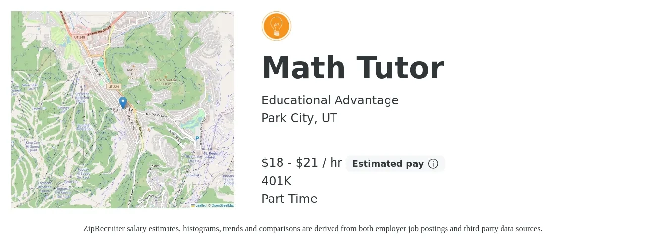 Educational Advantage job posting for a Math Tutor in Park City, UT with a salary of $19 to $22 Hourly and benefits including 401k with a map of Park City location.