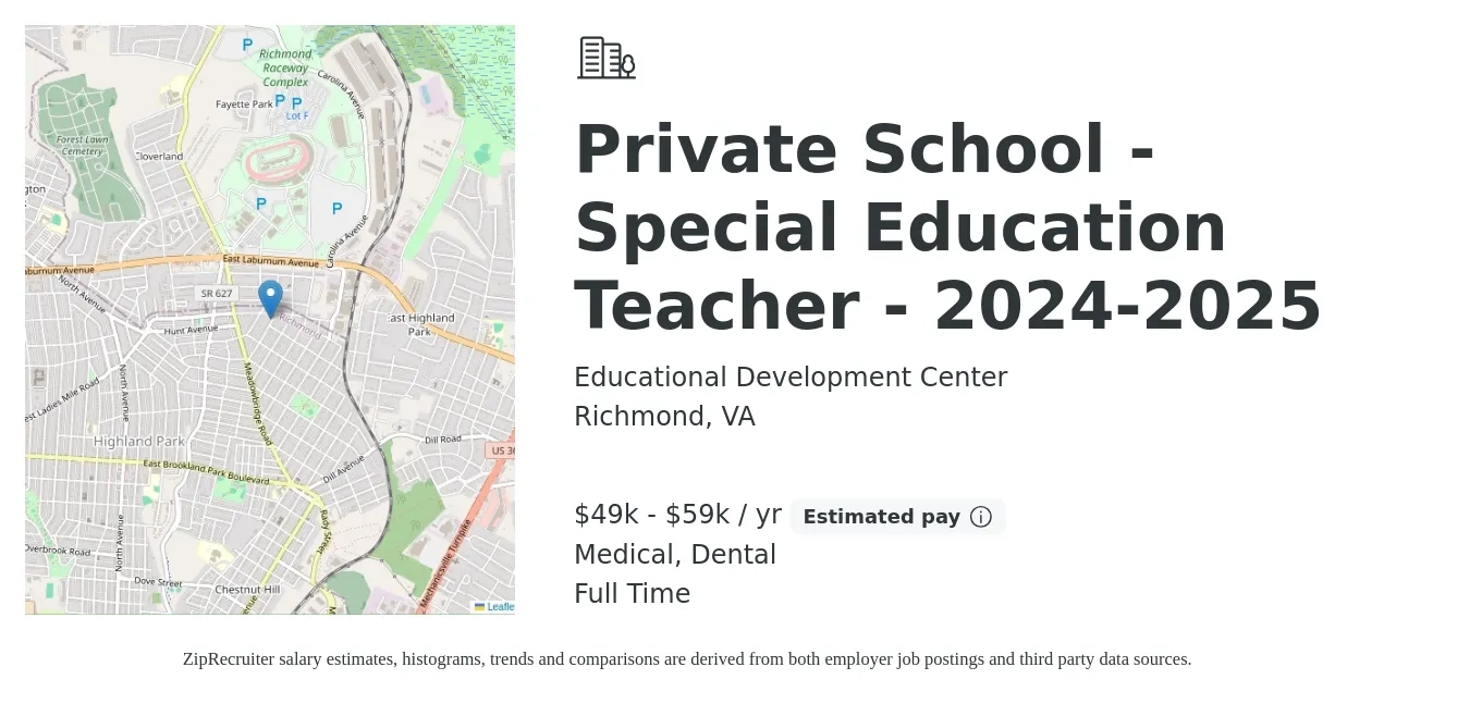 Educational Development Center job posting for a Private School - Special Education Teacher - 2024-2025 in Richmond, VA with a salary of $49,000 to $59,000 Yearly and benefits including retirement, dental, life_insurance, and medical with a map of Richmond location.