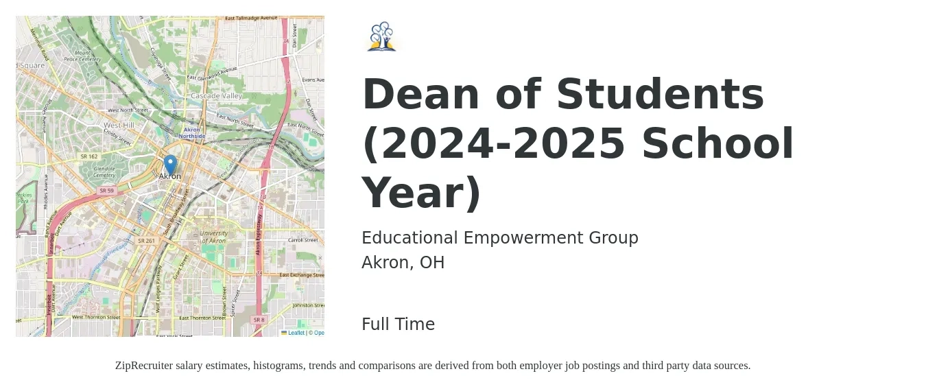 Educational Empowerment Group job posting for a Dean of Students (2024-2025 School Year) in Akron, OH with a salary of $30,600 to $64,100 Yearly with a map of Akron location.