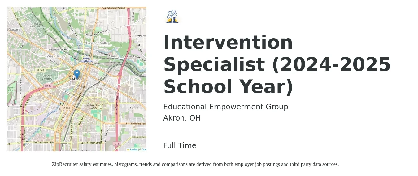 Educational Empowerment Group job posting for a Intervention Specialist (2024-2025 School Year) in Akron, OH with a salary of $39,700 to $54,500 Yearly with a map of Akron location.