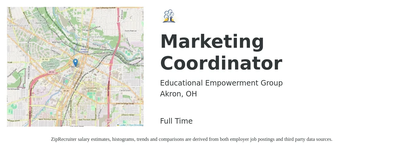 Educational Empowerment Group job posting for a Marketing Coordinator in Akron, OH with a salary of $40,700 to $56,000 Yearly with a map of Akron location.