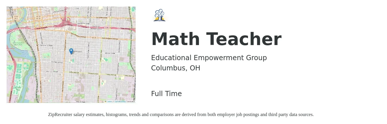 Educational Empowerment Group job posting for a Math Teacher in Columbus, OH with a salary of $45,400 to $59,400 Yearly with a map of Columbus location.