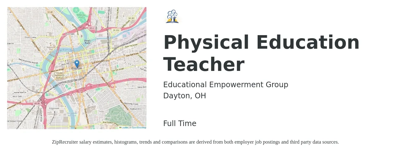 Educational Empowerment Group job posting for a Physical Education Teacher in Dayton, OH with a salary of $43,700 to $59,200 Yearly with a map of Dayton location.