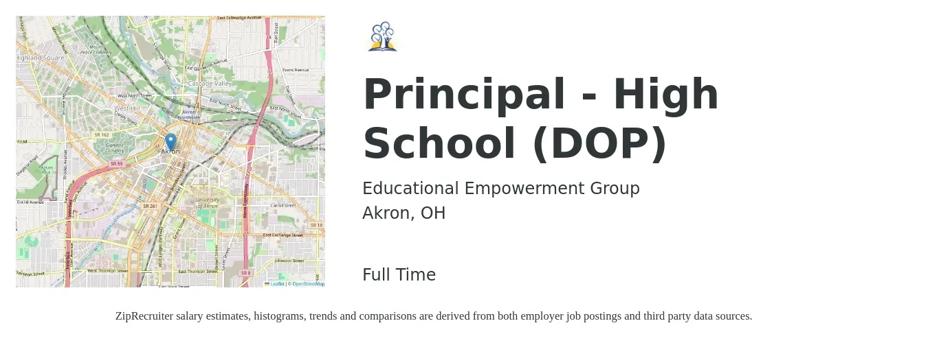 Educational Empowerment Group job posting for a Principal - High School (DOP) in Akron, OH with a salary of $81,300 to $119,600 Yearly with a map of Akron location.