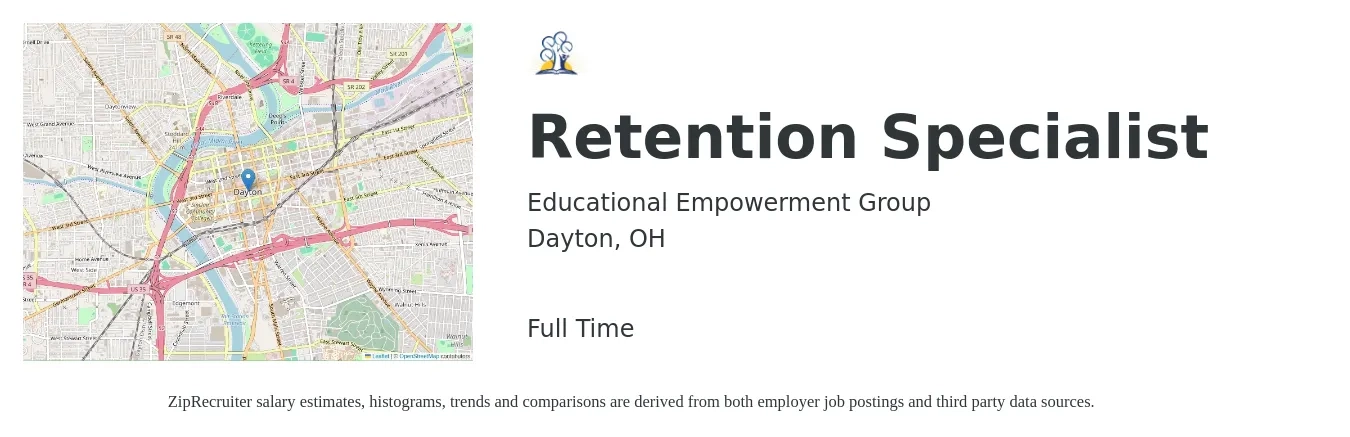 Educational Empowerment Group job posting for a Retention Specialist in Dayton, OH with a salary of $48,600 to $72,400 Yearly with a map of Dayton location.