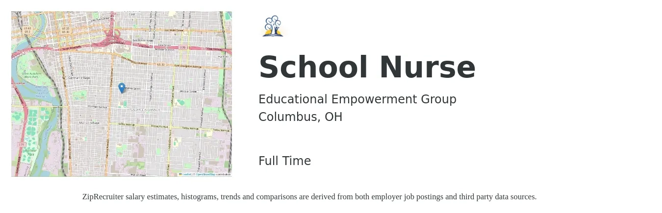 Educational Empowerment Group job posting for a School Nurse in Columbus, OH with a salary of $25 to $39 Hourly with a map of Columbus location.