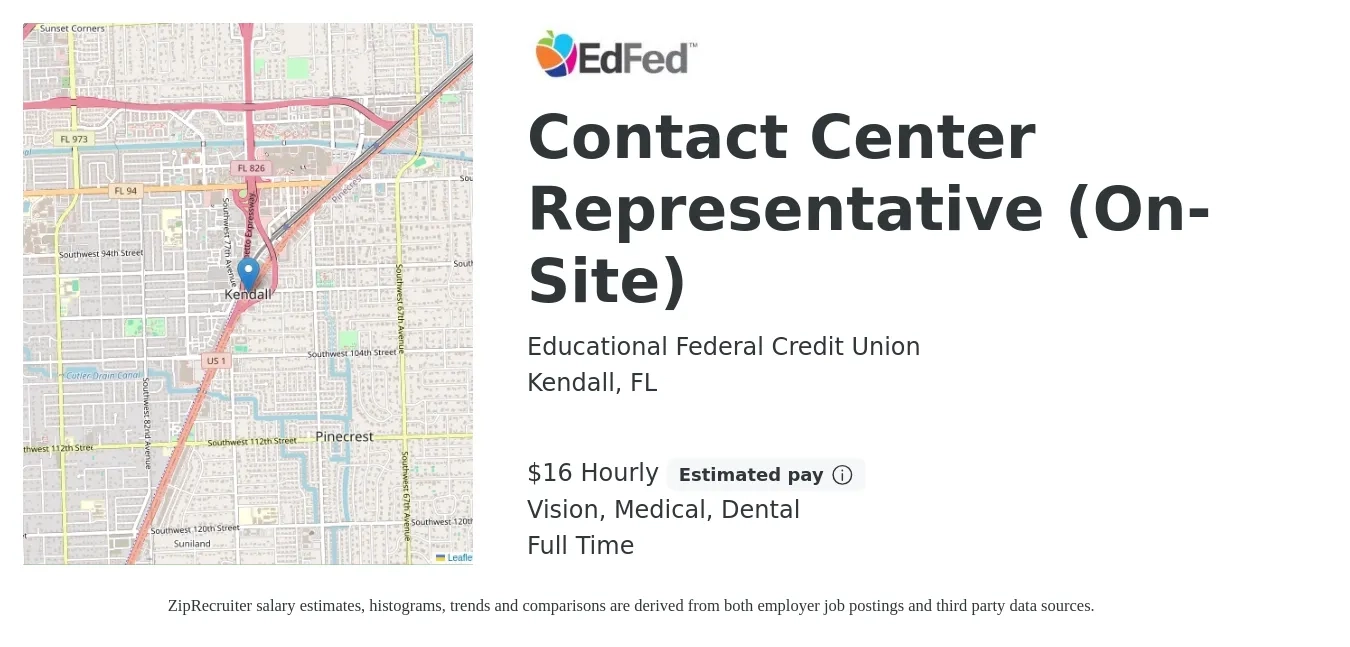 Educational Federal Credit Union job posting for a Contact Center Representative (On-Site) in Kendall, FL with a salary of $17 Hourly and benefits including dental, life_insurance, medical, pto, retirement, and vision with a map of Kendall location.
