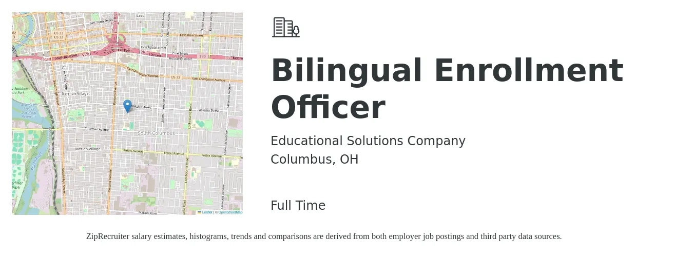 Educational Solutions Company job posting for a Bilingual Enrollment Officer in Columbus, OH with a salary of $18 to $26 Hourly with a map of Columbus location.