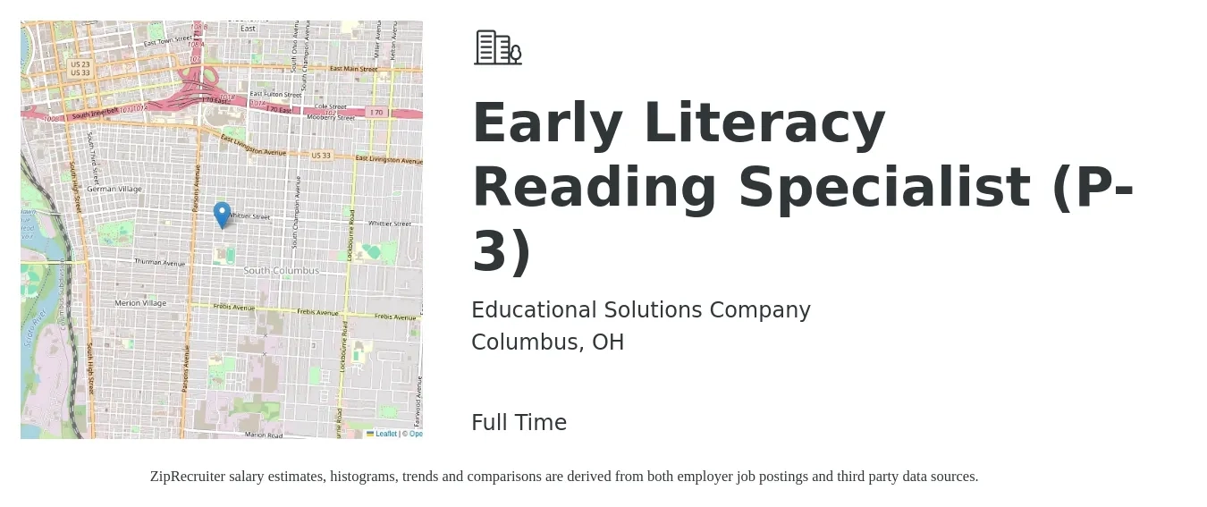 Educational Solutions Company job posting for a Early Literacy Reading Specialist (P-3) in Columbus, OH with a salary of $43,200 to $72,800 Yearly with a map of Columbus location.