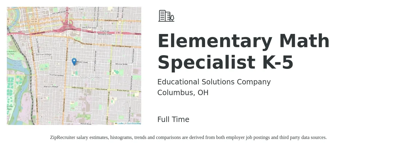 Educational Solutions Company job posting for a Elementary Math Specialist K-5 in Columbus, OH with a salary of $41,800 to $56,400 Yearly with a map of Columbus location.