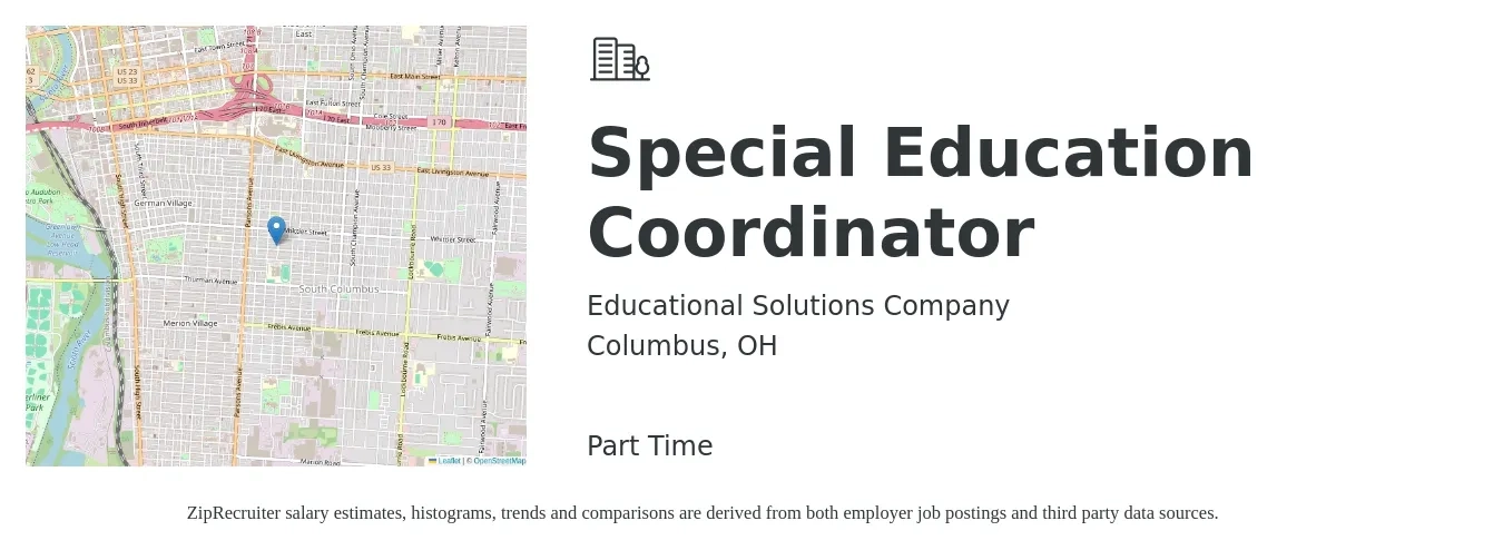 Educational Solutions Company job posting for a Special Education Coordinator in Columbus, OH with a salary of $47,000 to $78,900 Yearly with a map of Columbus location.