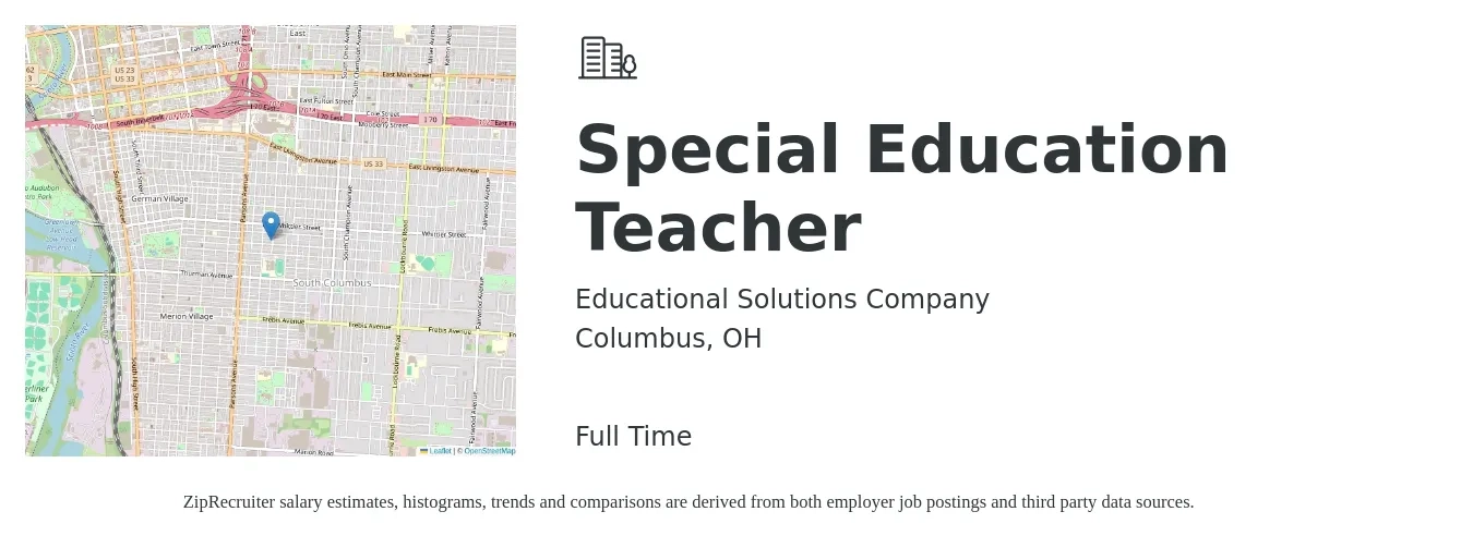 Educational Solutions Company job posting for a Special Education Teacher in Columbus, OH with a salary of $47,000 to $62,000 Yearly with a map of Columbus location.