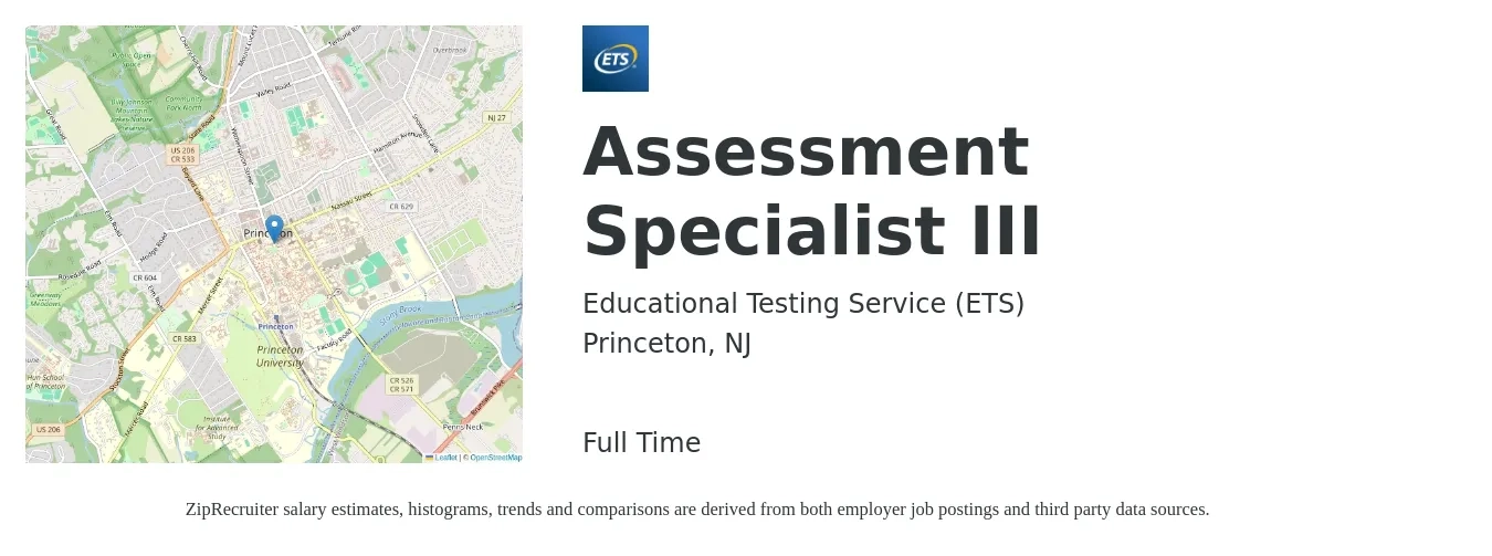 Educational Testing Service (ETS) job posting for a Assessment Specialist III in Princeton, NJ with a salary of $25 to $38 Hourly with a map of Princeton location.