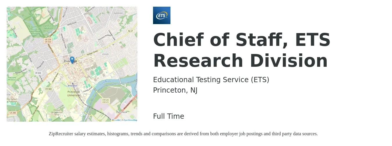 Educational Testing Service (ETS) job posting for a Chief of Staff, ETS Research Division in Princeton, NJ with a salary of $97,500 to $153,000 Yearly with a map of Princeton location.
