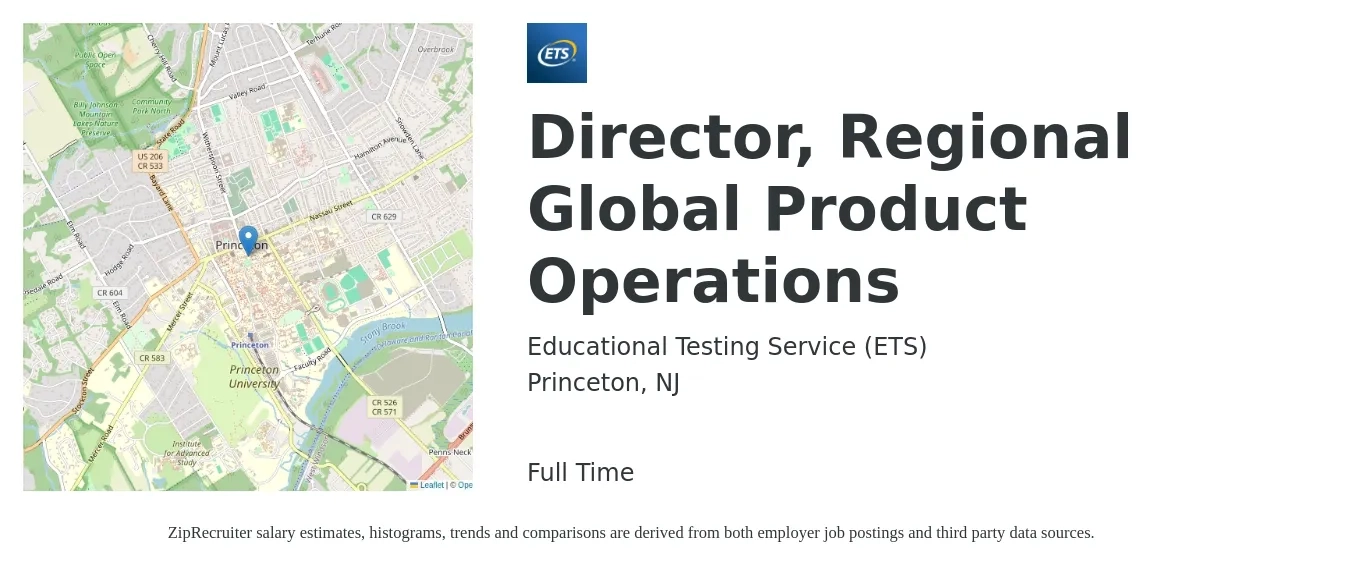 Educational Testing Service (ETS) job posting for a Director, Regional Global Product Operations in Princeton, NJ with a salary of $100,100 to $147,800 Yearly with a map of Princeton location.