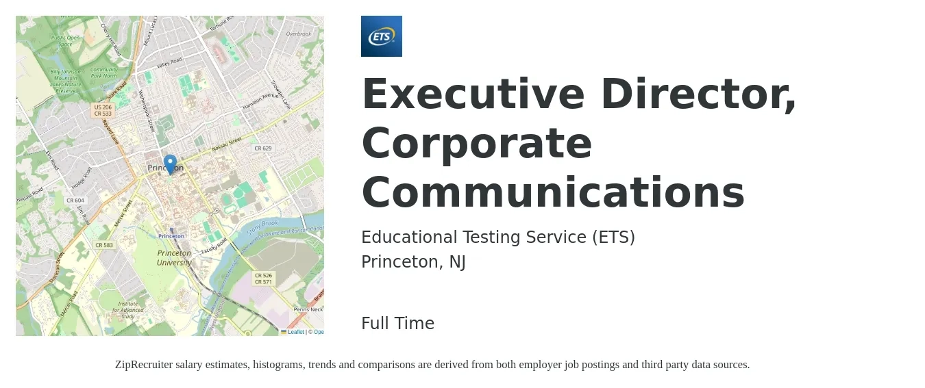 Educational Testing Service (ETS) job posting for a Executive Director, Corporate Communications in Princeton, NJ with a salary of $100,500 to $216,200 Yearly with a map of Princeton location.