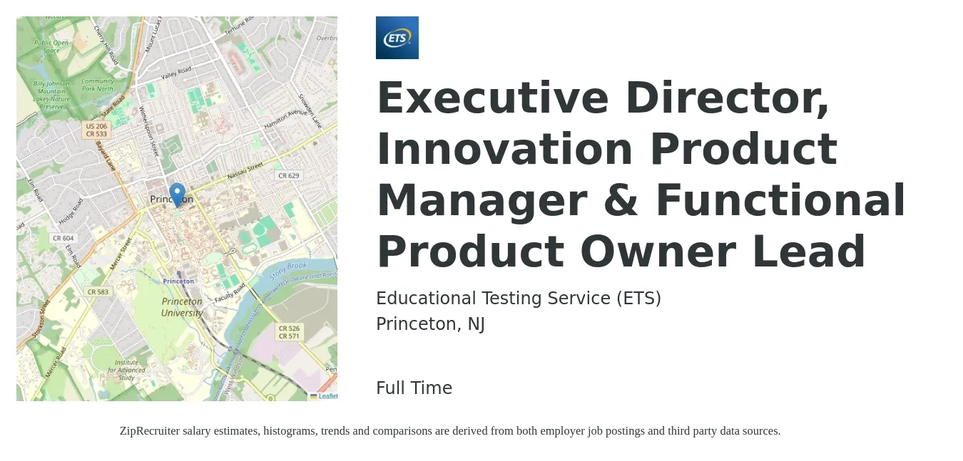 Educational Testing Service (ETS) job posting for a Executive Director, Innovation Product Manager & Functional Product Owner Lead in Princeton, NJ with a salary of $98,900 to $136,900 Yearly with a map of Princeton location.