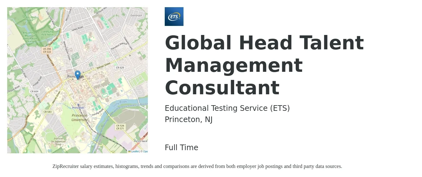 Educational Testing Service (ETS) job posting for a Global Head Talent Management Consultant in Princeton, NJ with a salary of $158,100 Yearly with a map of Princeton location.