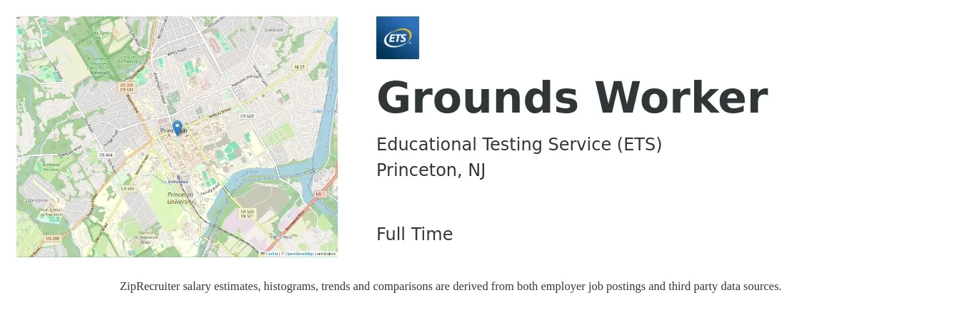 Educational Testing Service (ETS) job posting for a Grounds Worker in Princeton, NJ with a salary of $16 to $22 Hourly with a map of Princeton location.