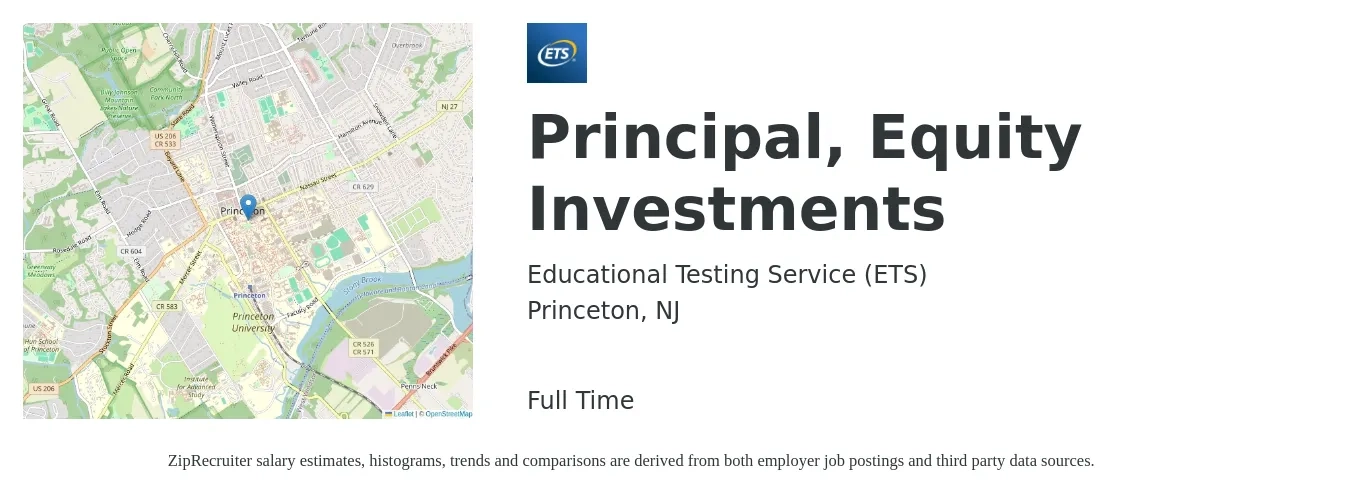 Educational Testing Service (ETS) job posting for a Principal, Equity Investments in Princeton, NJ with a salary of $89,100 to $131,000 Yearly with a map of Princeton location.