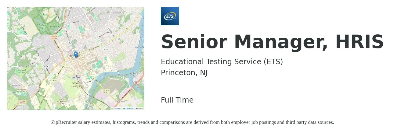 Educational Testing Service (ETS) job posting for a Senior Manager, HRIS in Princeton, NJ with a salary of $87,800 to $135,400 Yearly with a map of Princeton location.