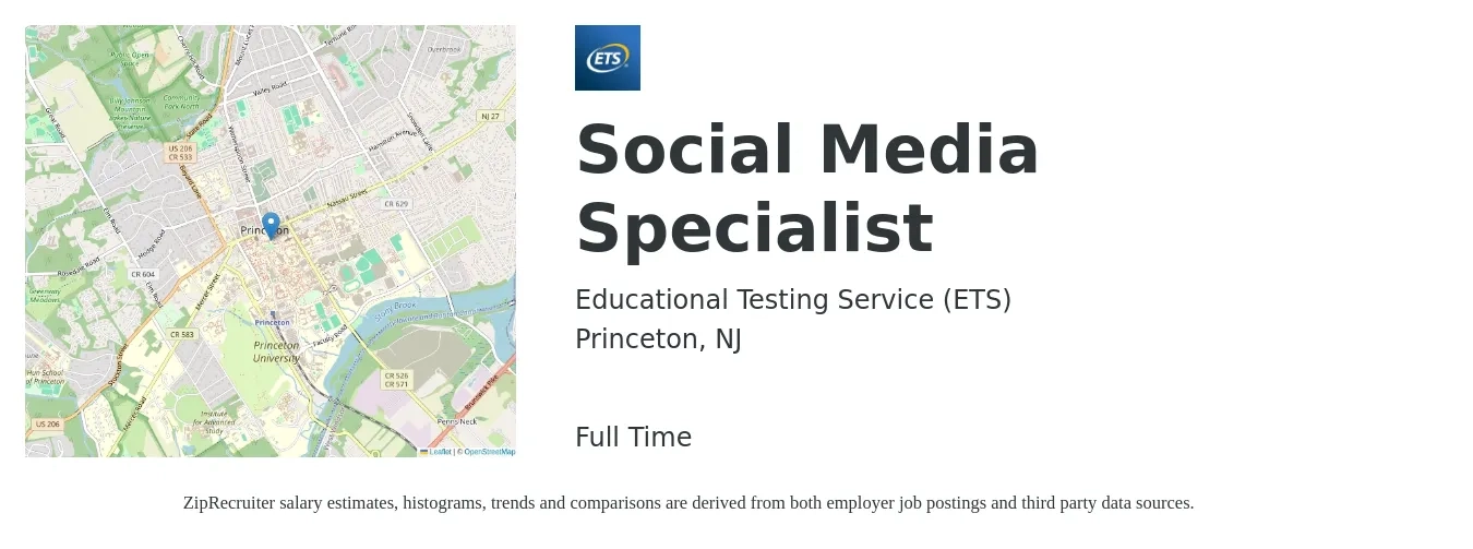 Educational Testing Service (ETS) job posting for a Social Media Specialist in Princeton, NJ with a salary of $44,400 to $65,600 Yearly with a map of Princeton location.