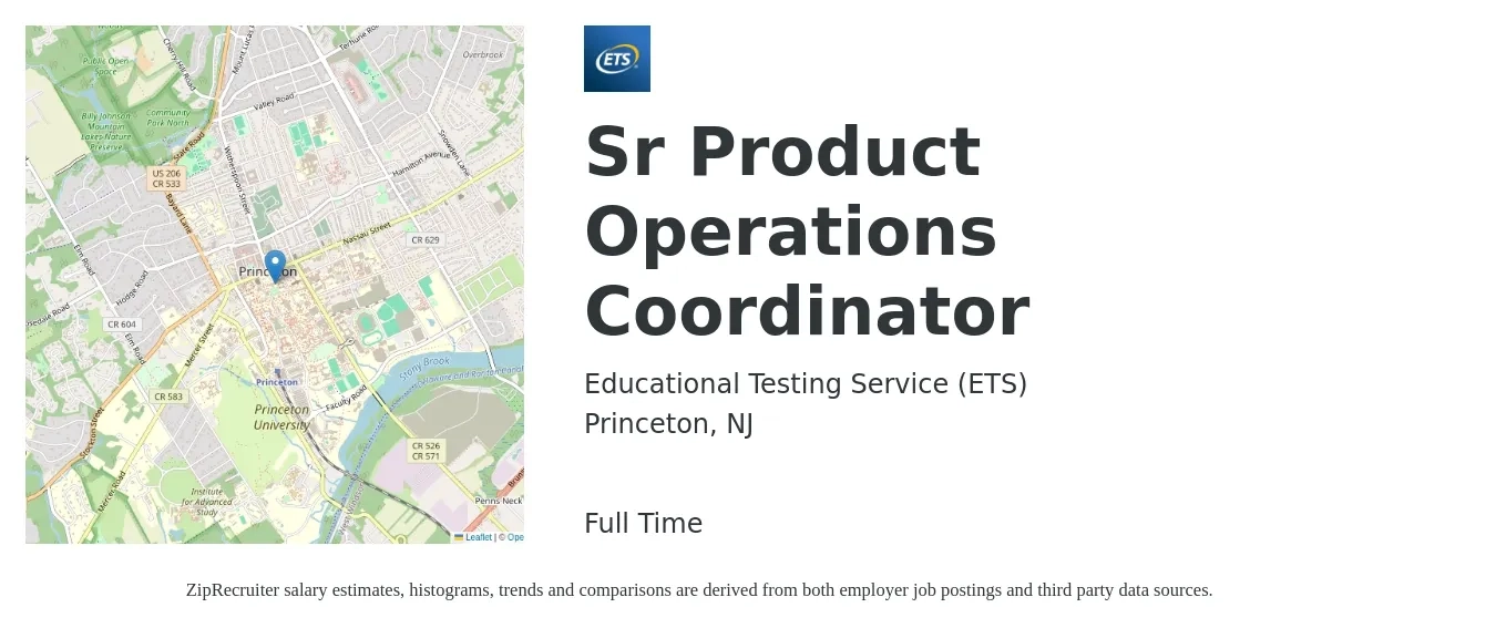 Educational Testing Service (ETS) job posting for a Sr Product Operations Coordinator in Princeton, NJ with a salary of $22 to $32 Hourly with a map of Princeton location.