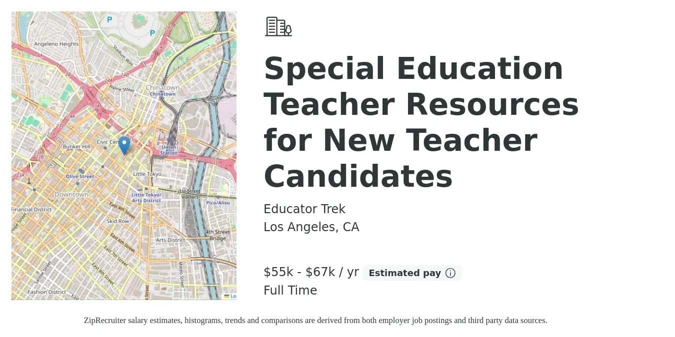 Educator Trek job posting for a Special Education Teacher Resources for New Teacher Candidates in Los Angeles, CA with a salary of $55,000 to $67,997 Yearly with a map of Los Angeles location.