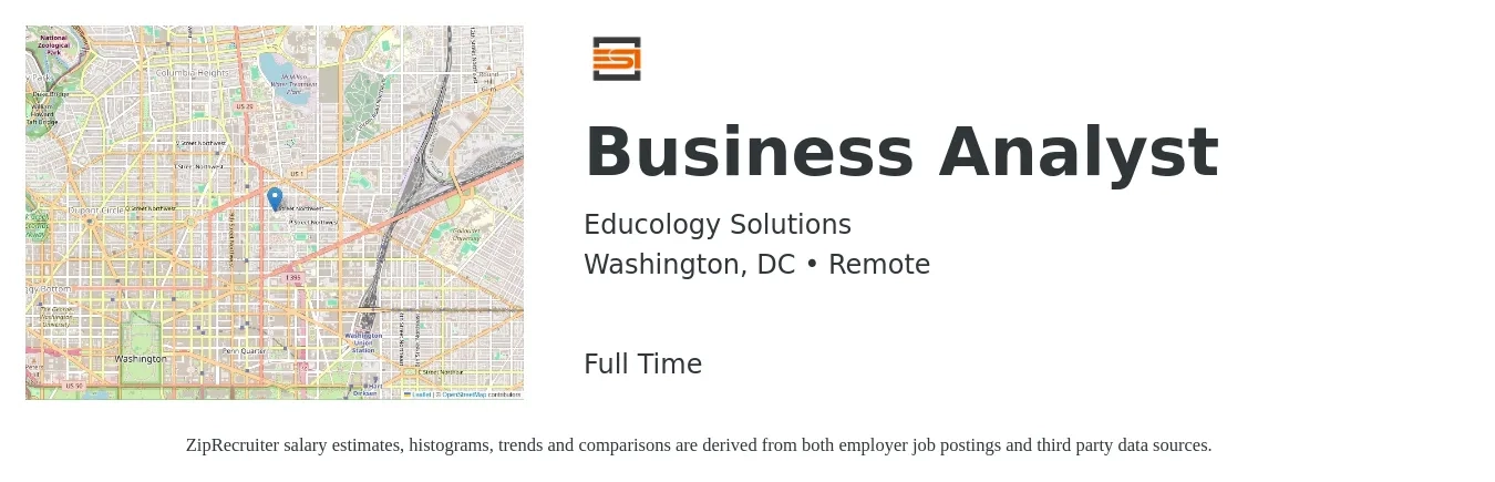 Educology Solutions job posting for a Business Analyst in Washington, DC with a salary of $42 to $70 Hourly with a map of Washington location.