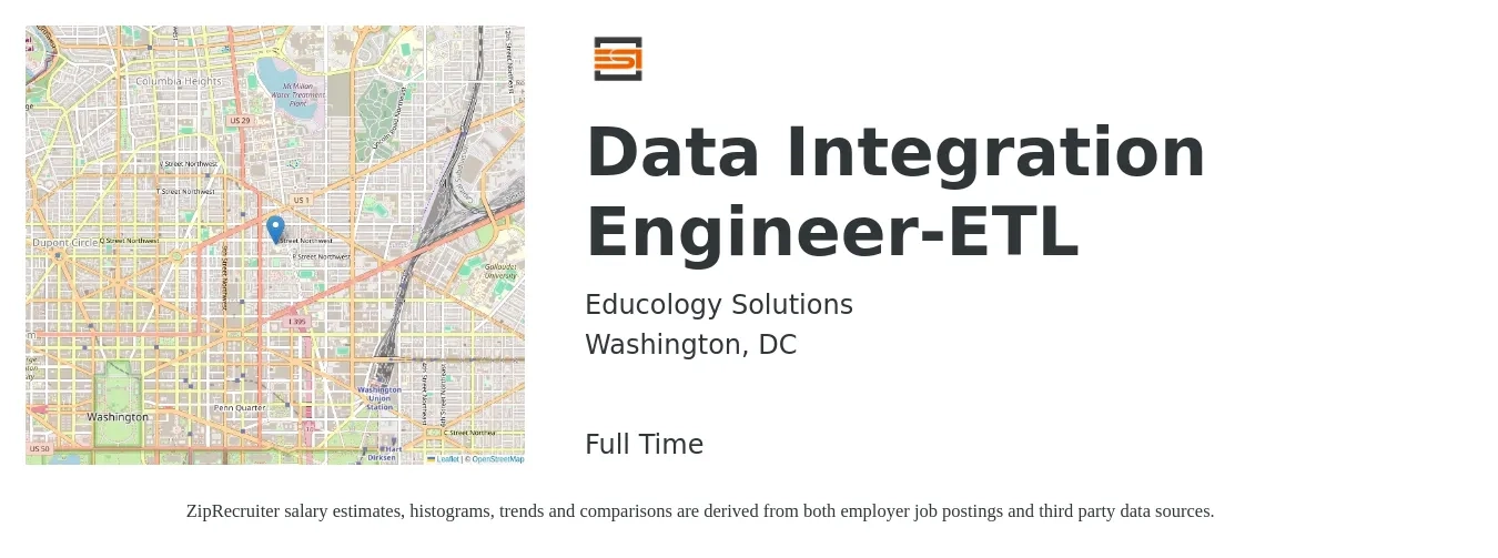 Educology Solutions job posting for a Data Integration Engineer-ETL in Washington, DC with a salary of $58 to $70 Hourly with a map of Washington location.