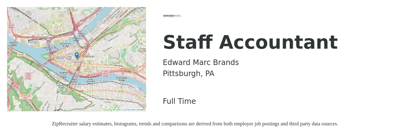 Edward Marc Brands job posting for a Staff Accountant in Pittsburgh, PA with a salary of $50,000 to $53,000 Yearly with a map of Pittsburgh location.