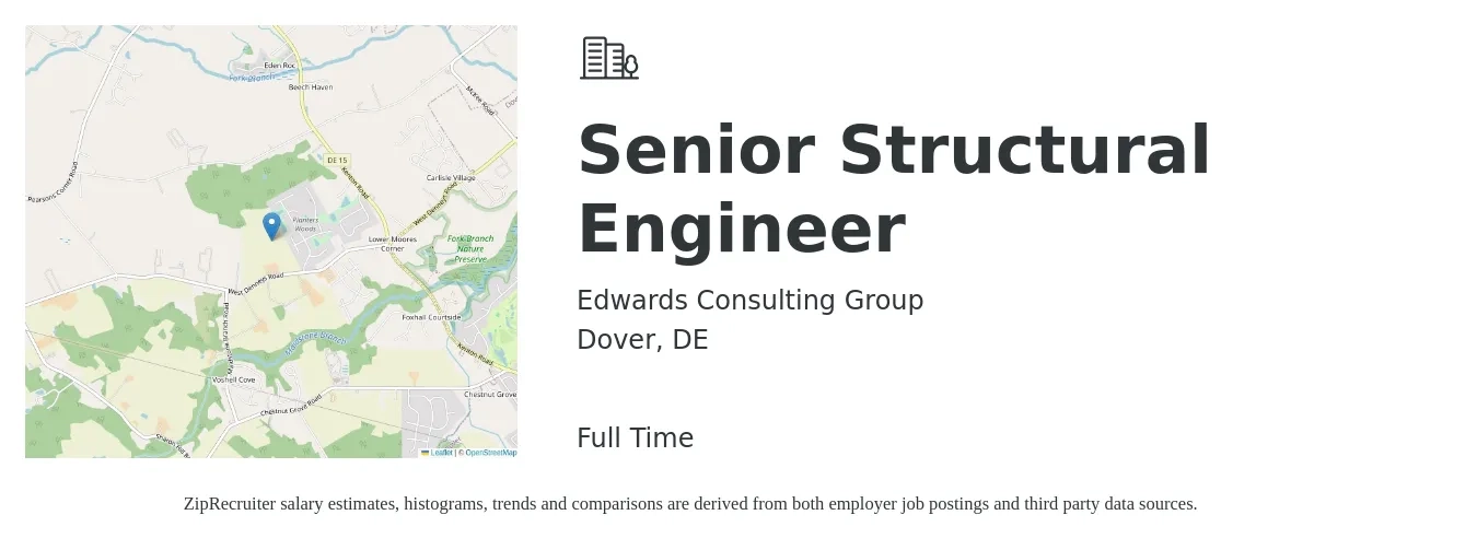 Edwards Consulting Group job posting for a Senior Structural Engineer in Dover, DE with a salary of $100,400 to $136,400 Yearly with a map of Dover location.
